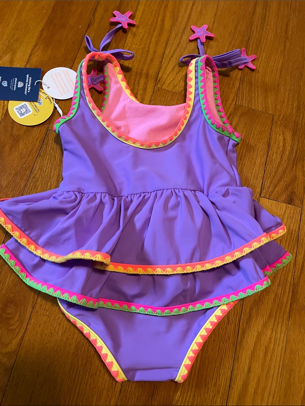 NWT Ruffle Butts 2T Purple One-Piece Swimsuit Neon Trim Star Ties Crochet Peplum - Picture 6 of 6
